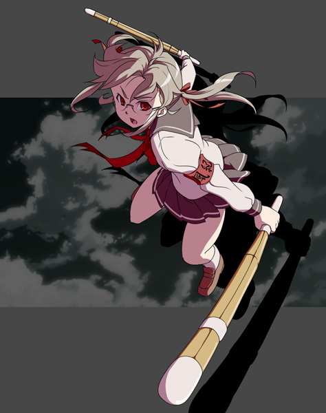 armband, dual_wielding, glasses, guntank_(artist), original, red_eyes, ribbon, school_uniform