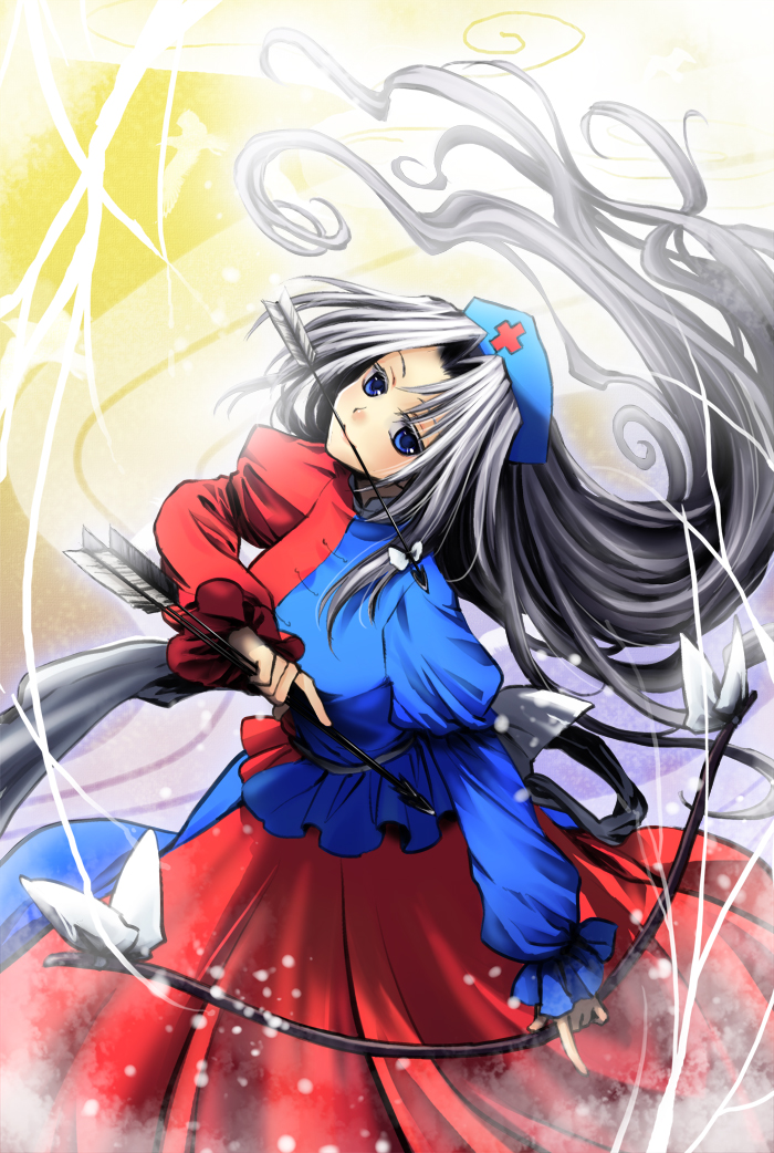 arrow, blue_eyes, blush, bow_(weapon), breasts, eclps, hat, long_hair, nurse_cap, silver_hair, skirt, smile, solo, touhou, weapon, yagokoro_eirin