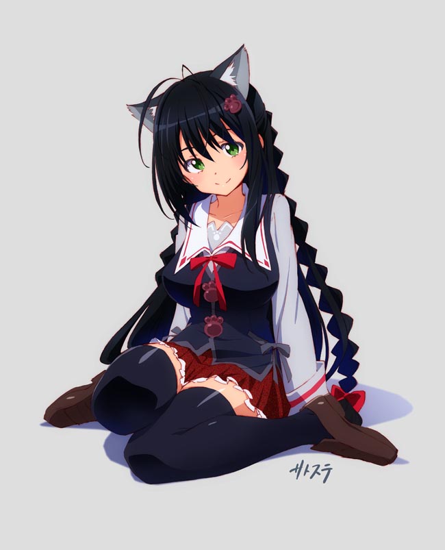 ahoge, animal_ears, bow, bowtie, braid, breasts, character_request, copyright_request, green_eyes, grey_background, hair_ornament, large_breasts, light_smile, loafers, long_hair, looking_at_viewer, paw_ornament, paw_print, red_ribbon, ribbon, shoes, simple_background, sitting, solo, thigh-highs, thighhighs, twin_braids, wariza, yamaguchi_satoshi