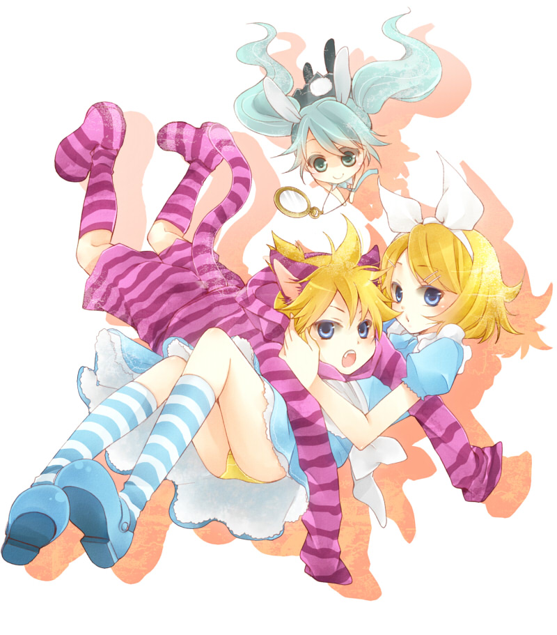 2girls, alice_(wonderland), alice_in_wonderland, animal_ears, bunny_ears, bunny_tail, cat_ears, cat_tail