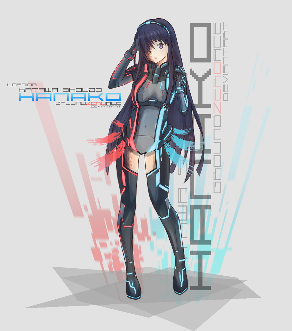 black_hair, bodysuit, groundzeroace, hair_over_one_eye, ikezawa_hanako, katawa_shoujo, long_hair, neon_trim