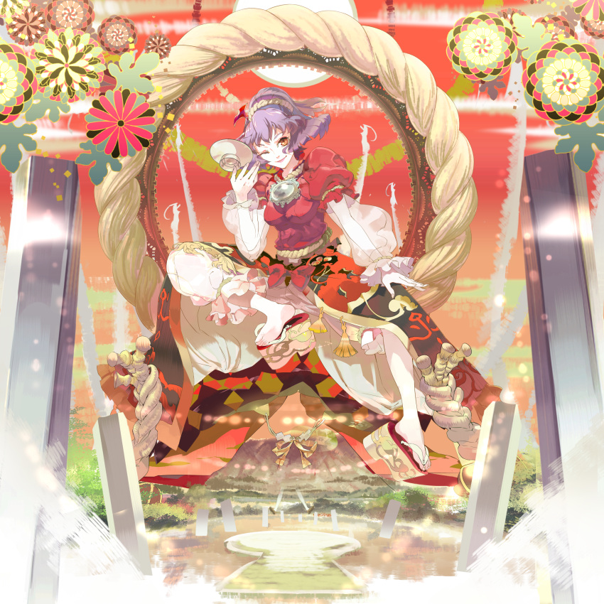 1ten, bad_id, brown_eyes, highres, onbashira, purple_hair, sakazuki, shimenawa