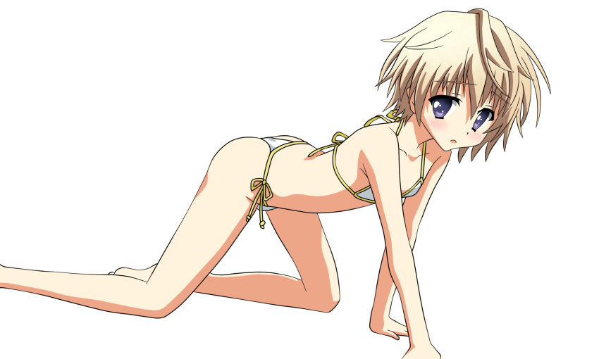 all_fours, androgynous, bad_id, bikini, blonde_hair, blush, bulge, crossdressinging