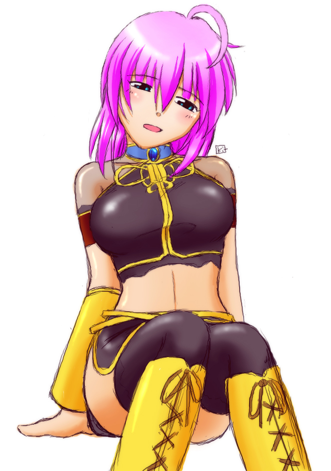 blush, breasts, kit_(studio), megurine_luka, purple_hair, simple_background, sitting, solo