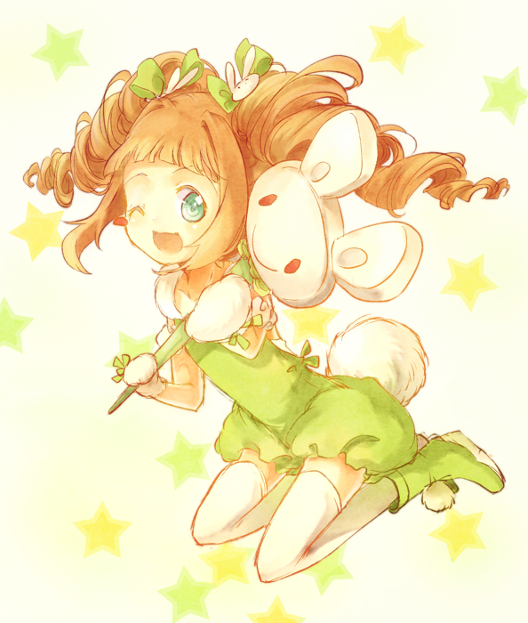 ;d, bow, bunny_tail, drill_hair, eevee-moon, green_eyes, hair_bow, idolmaster