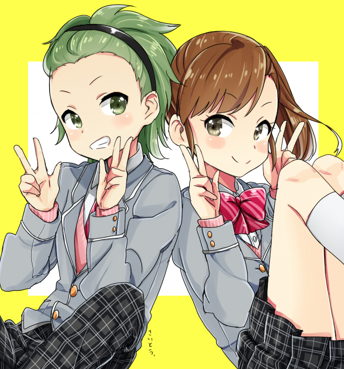 1girl, blush, bow, brown_eyes, brown_hair, futami_mami, green_eyes, green_hair