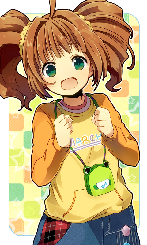 :d, ahoge, brown_hair, green_eyes, idolmaster, long_hair, open_mouth, orange_hair