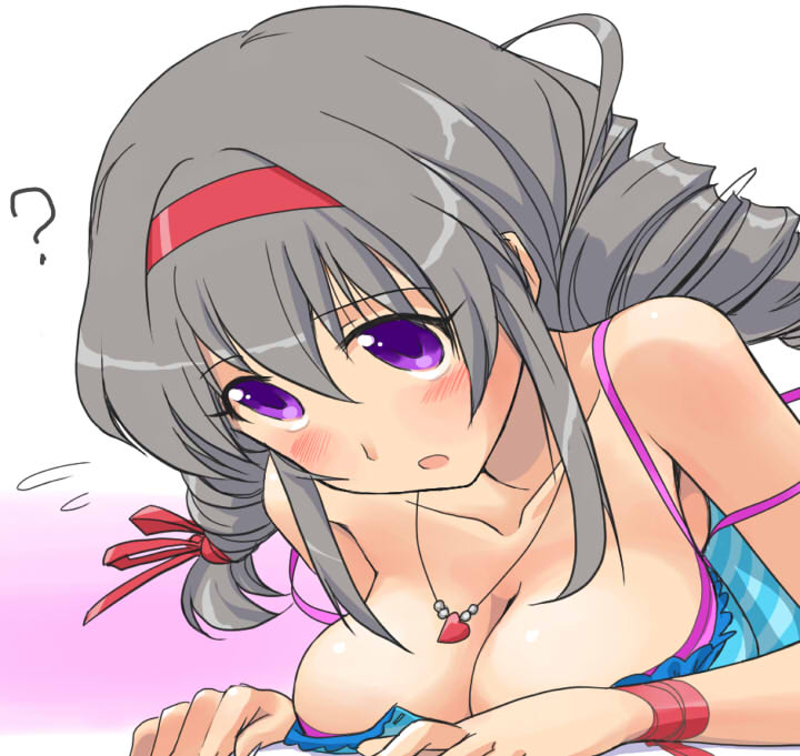 ?, bad_id, blush, breasts, cleavage, grey_hair, hairband, idolmaster
