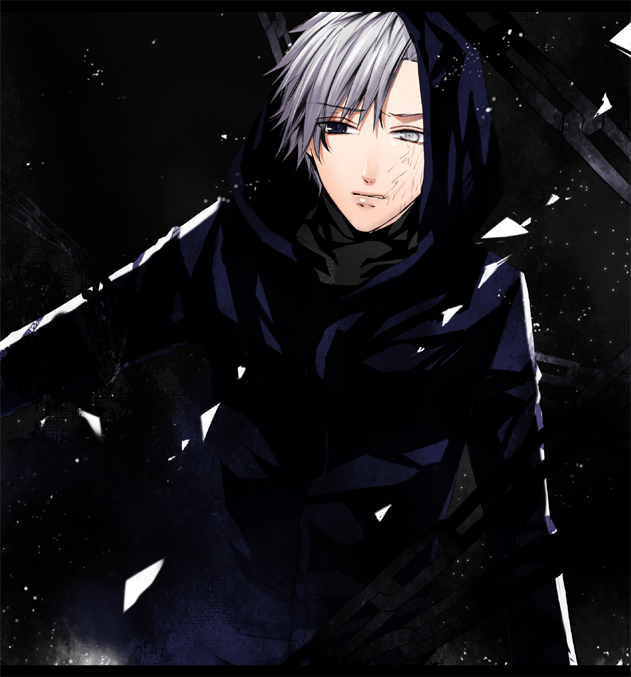 black_eyes, fate/zero, fate_(series), grey_eyes, grey_hair, heterochromia, hoodie, male, matou_kariya, scar, solo, tomio_(crowns)