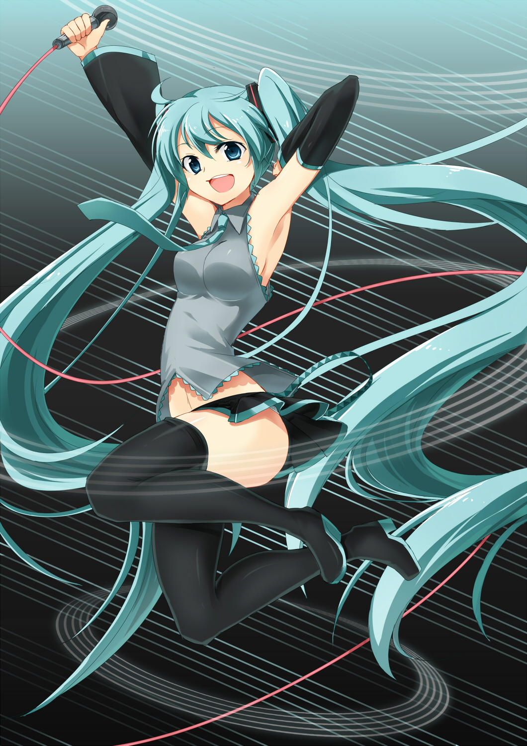 aqua_eyes, aqua_hair, armpits, arms_up, boots, detached_sleeves, hatsune_miku, highres