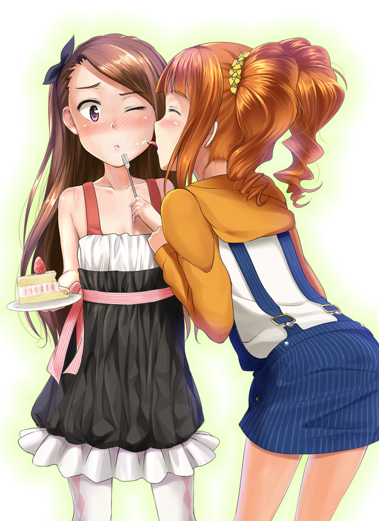 blush, brown_hair, cake, closed_eyes, eyes_closed, food, food_on_face, fork