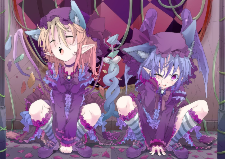 alternate_costume, animal_ears, bat_wings, blonde_hair, blue_hair, cat_ears, cat_tail, choker