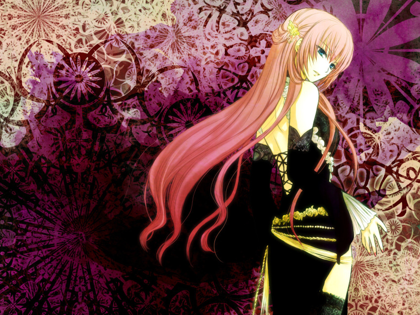 abstract_background, backless, backless_outfit, belt, black_legwear, blue_eyes, cross-laced_clothes, detached_sleeves
