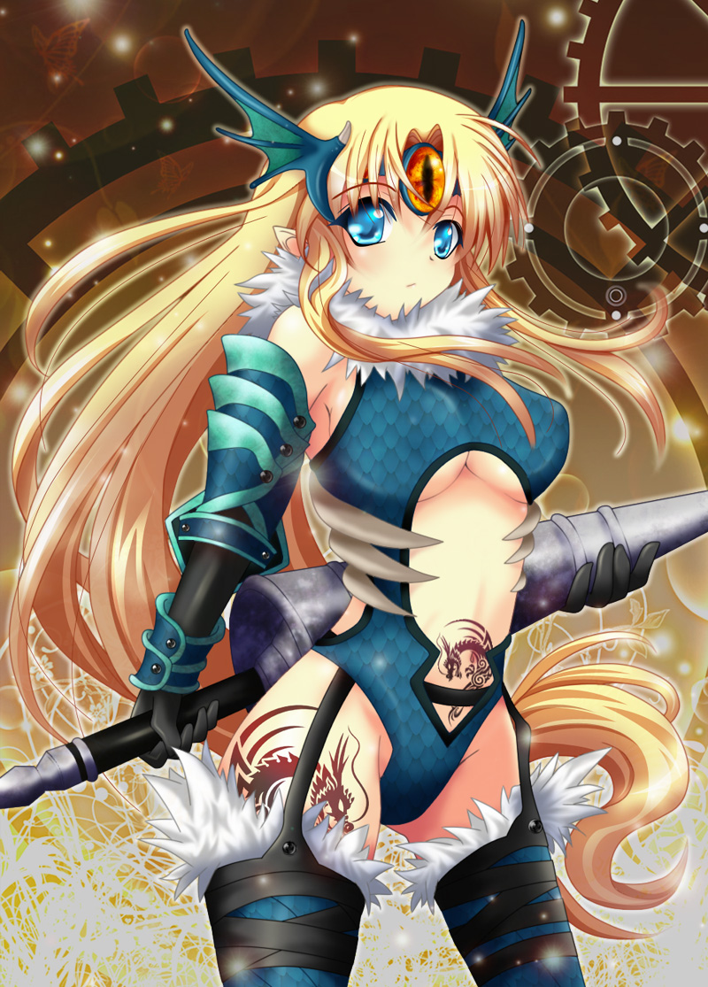 armor, breasts, dragon, dragon_master, eastern_dragon, gauntlets, gloves, head_wings, helmet, long_hair, navel, polearm, riesz, seiken_densetsu, seiken_densetsu_3, shindou_hayato, tattoo, thighhighs, underboob, very_long_hair, weapon, winged_helmet
