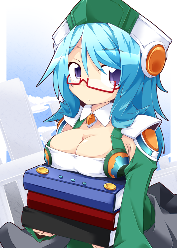 blue_eyes, blue_hair, blue_sky, book, breast_rest, breasts, cardfight!!_vanguard, carried_breast_rest, carrying, cleavage, cleavage_cutout, cloud, glasses, hat, long_hair, looking_at_viewer, pillar, reku, shirt, silent_sage_sharon, skirt, sky, solo