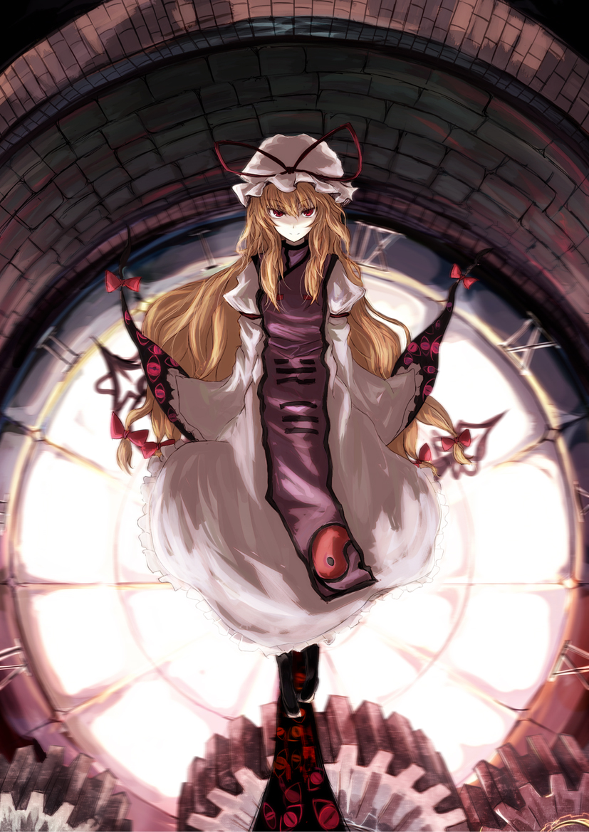 asagi_shii, blonde_hair, bow, clock, eyes, frilled_skirt, frilled_sleeves, gap, gears, hat, hat_ribbon, long_hair, red_eyes, ribbon, roman_numerals, solo, tabard, touhou, trigram, yakumo_yukari
