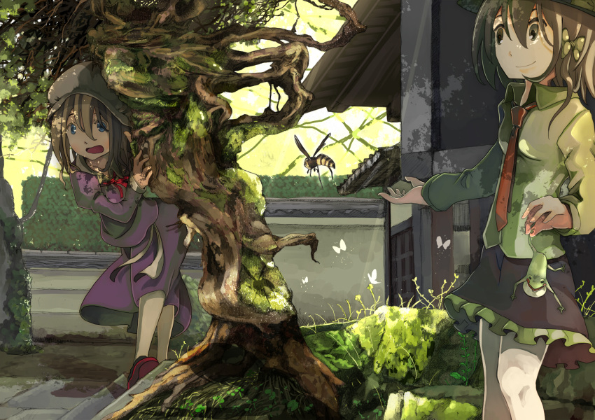 blonde_hair, blue_eyes, brown_eyes, brown_hair, building, butterfly, dress, frog