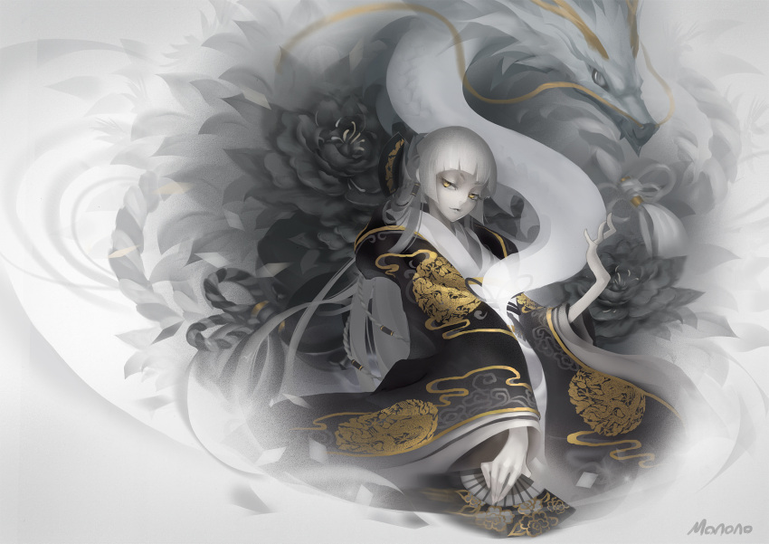 dragon, flower, highres, hime_cut, japanese_clothes, kimono, monono, original