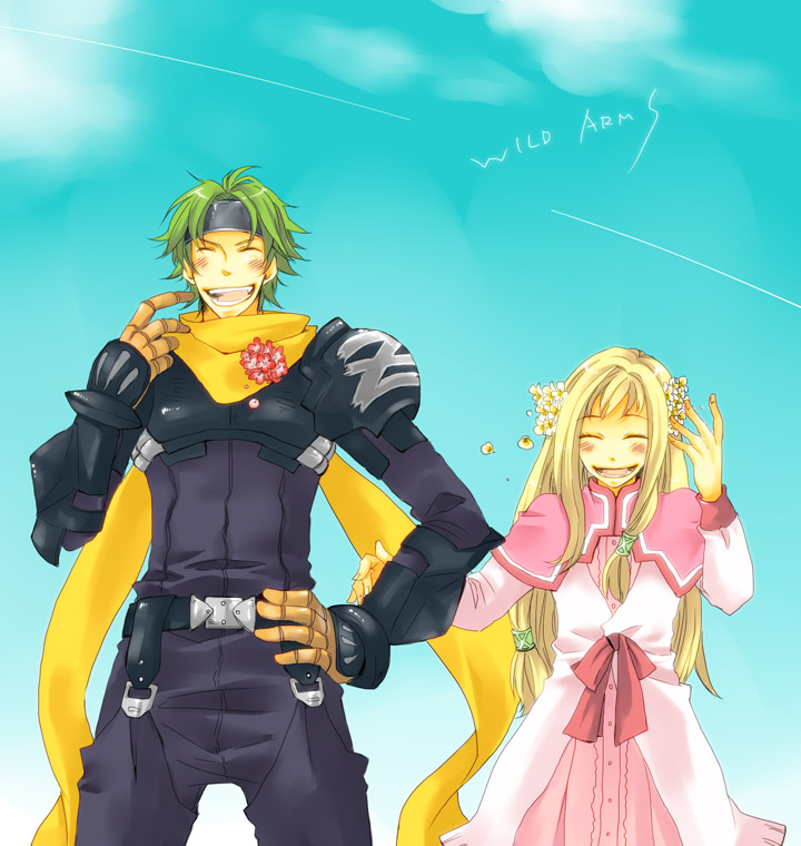 1girl, aqua_background, armor, aura_(wild_arms), blind, blonde_hair, bodysuit, closed_eyes