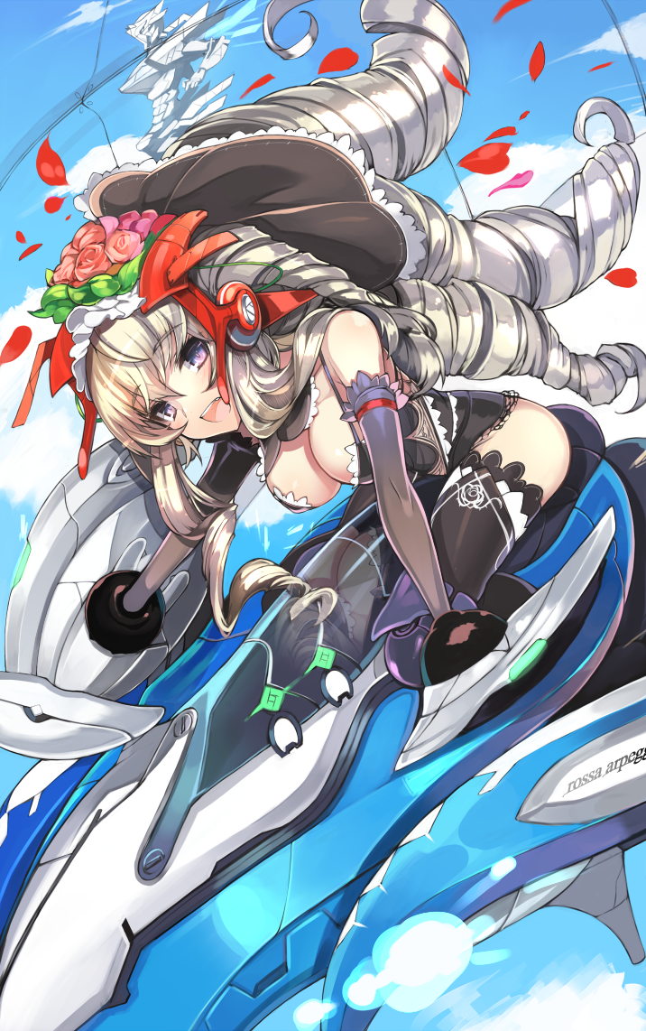 ass, bare_shoulders, black_legwear, blue_eyes, breasts, cleavage, cloud, cockpit