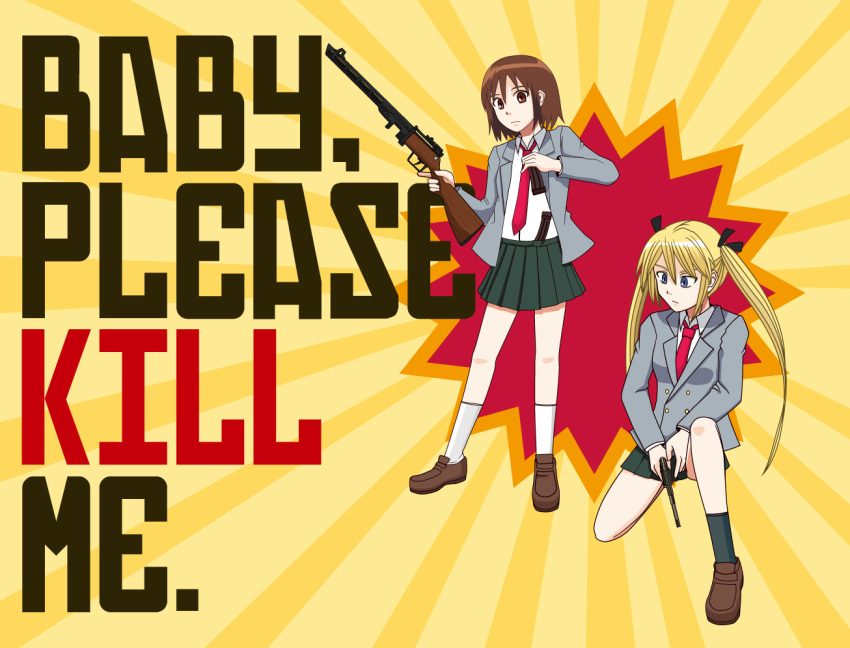 2girls, blonde_hair, brown_eyes, brown_hair, english, gun, kill_me_baby, long_hair
