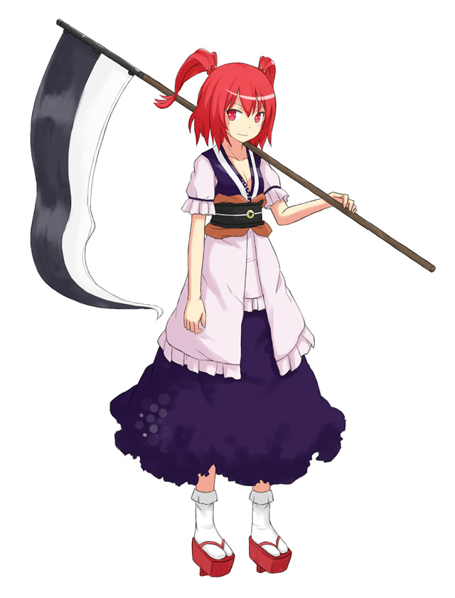 geta, hair_bobbles, hair_ornament, onozuka_komachi, over_shoulder, red_eyes, red_hair, redhead