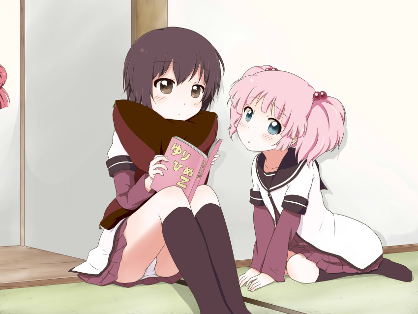 absurdres, akaza_akari, black_hair, black_legwear, blue_eyes, book, brown_eyes, funami_yui, hair_bobbles, hair_bun, hair_ornament, highres, kinehansuke, leaning_forward, multiple_girls, panties, pantyshot, pantyshot_(sitting), pantyshot_sitting, pillow, pink_hair, reading, school_uniform, serafuku, short_hair, sitting, translated, twintails, underwear, white_panties, yoshikawa_chinatsu, yuru_yuri