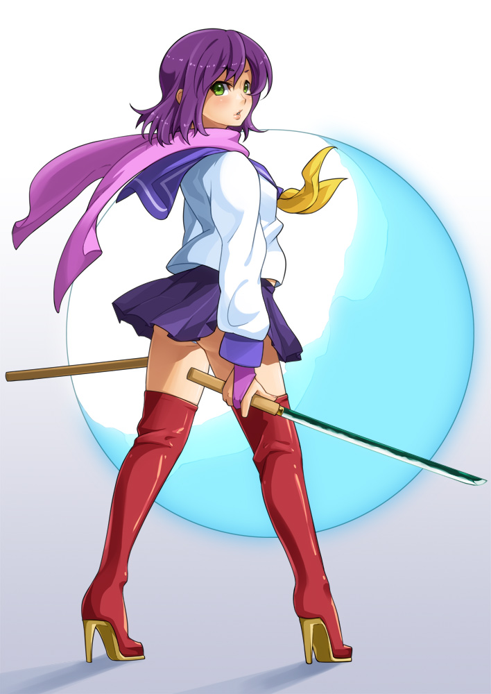ass, blush, boots, green_eyes, high_heels, looking_back, miniskirt, open_mouth