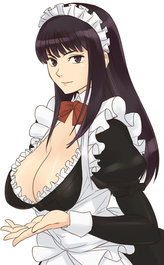 1girl, apron, bowtie, breasts, cleavage, female, gus_(clarkii), huge_breasts, large_breasts, long_hair, maid, maid_headdress, maid_outfit, original, purple_eyes, purple_hair, simple_background, solo, uniform, violet_eyes