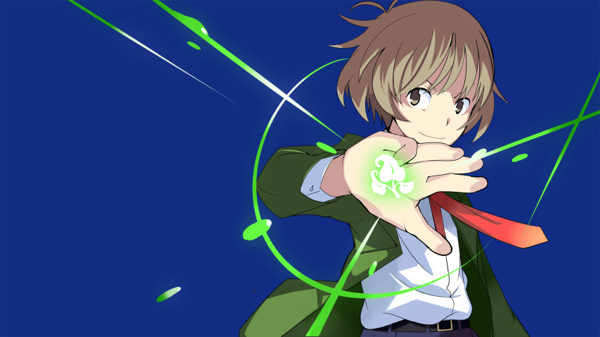 akizuki_ryou, belt, blazer, blush, brown_eyes, brown_hair, glowing, highres, idolmaster, idolmaster_dearly_stars, leaf, male, necktie, outstretched_arm, smile, solo, yana