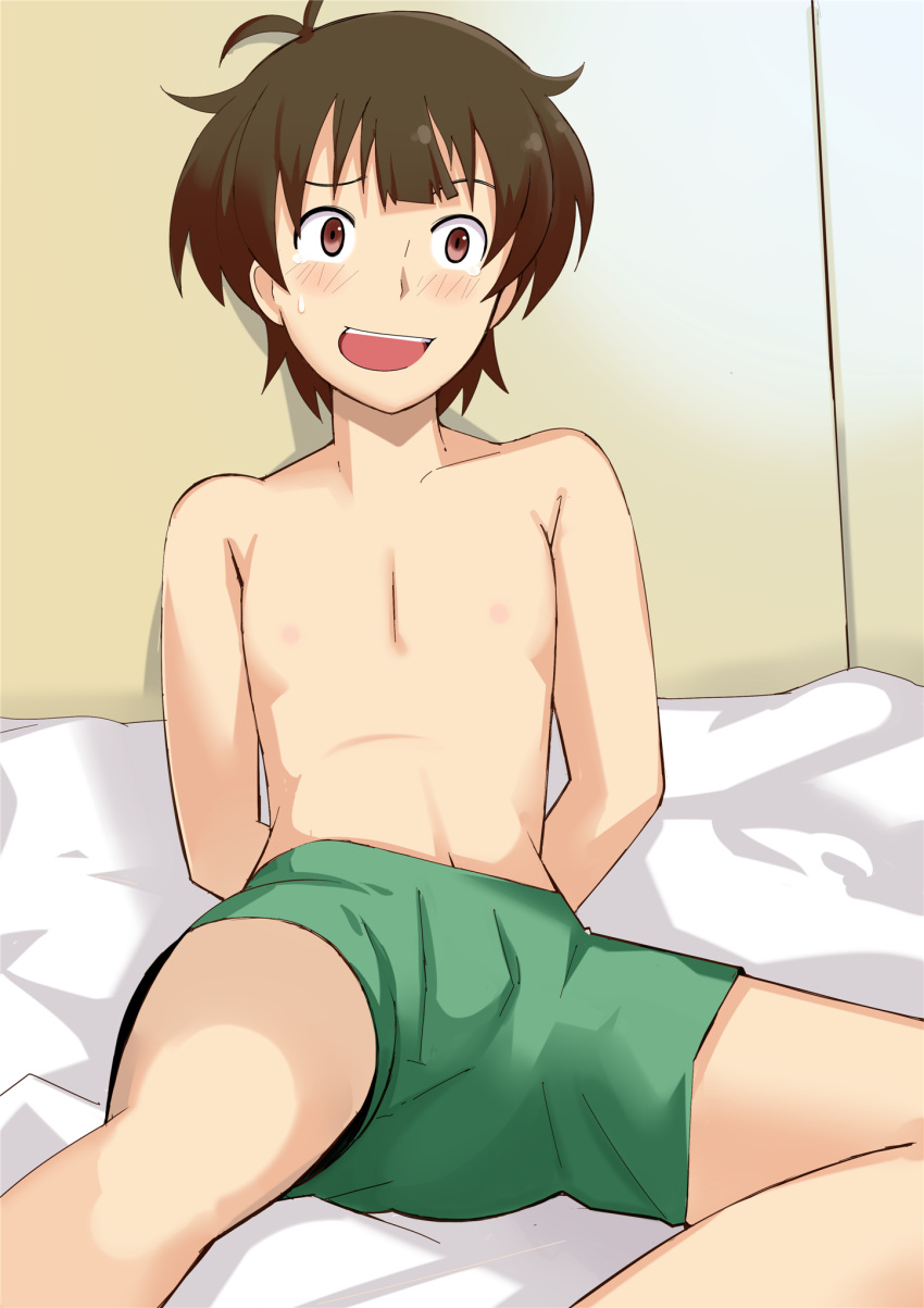 akizuki_ryou, antenna_hair, arms_behind_back, blush, brown_eyes, brown_hair, embarrassed, highres