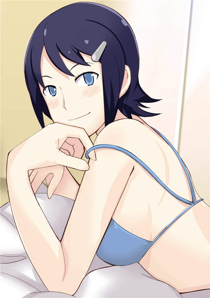 bed, bed_sheet, blue_eyes, blue_hair, blush, bra, hair_ornament, hairclip