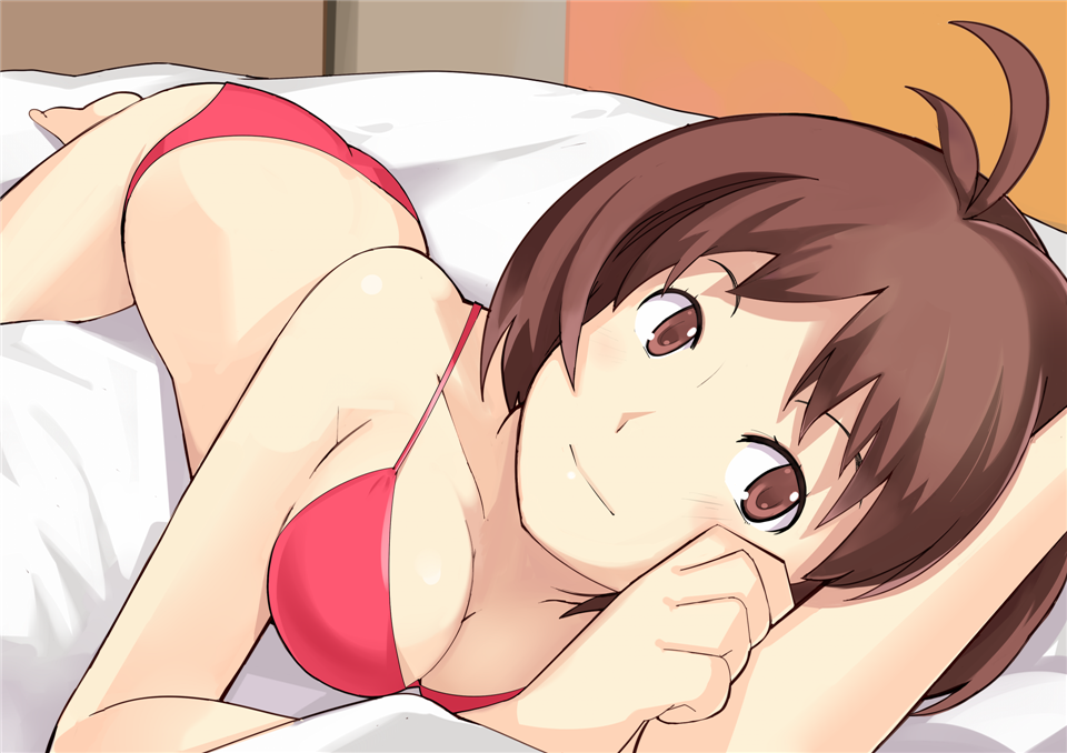 ahoge, antenna_hair, bed, bed_sheet, bikini, blush, bra, breasts