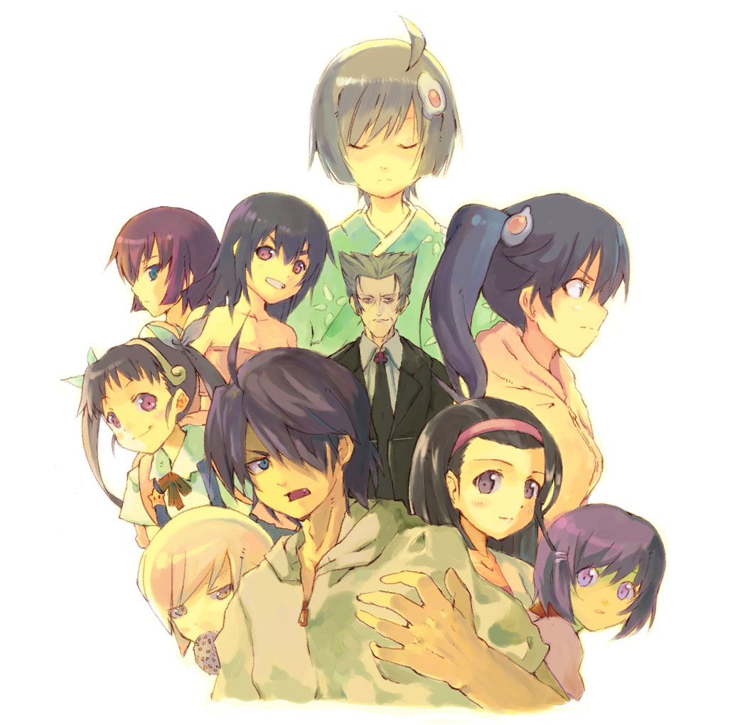 araragi_karen, araragi_koyomi, araragi_tsukihi, asymmetrical_hair, bakemonogatari, everyone, hachikuji_mayoi, hanekawa_tsubasa