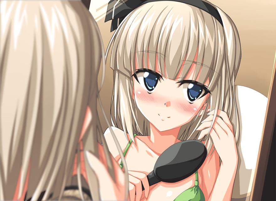 blue_eyes, blush, comb, hair_brush, hair_brushing, hairband, konpaku_youmu, mirror