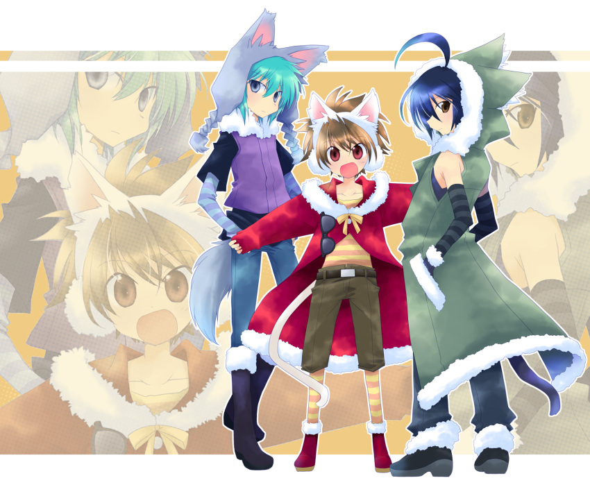 3boys, animal_ears, bakugan, bakugan_battle_brawlers, belt, black_hair, brown_eyes, brown_hair, cat_ears, coat, fingerless_gloves, gloves, green_hair, grey_eyes, highres, kazami_shun, kuusou_danma, male_focus, multiple_boys, ribbon, shiu_kazuki, sunglasses, tail, yellow_eyes