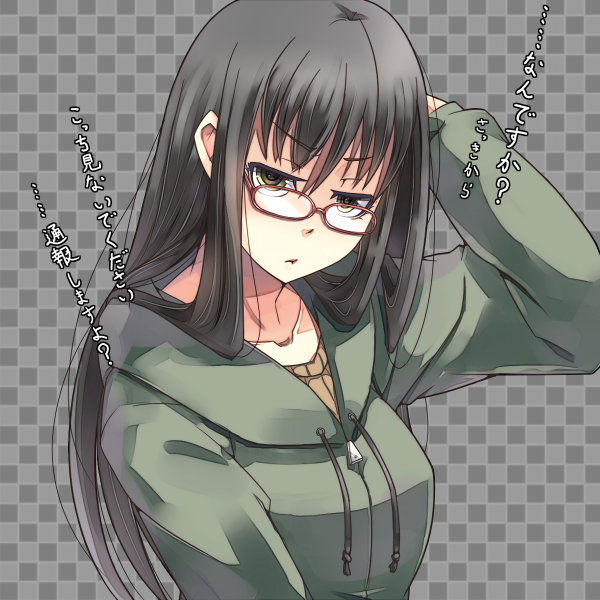 :<, black_hair, bust, checkered, checkered_background, collarbone, female, glasses