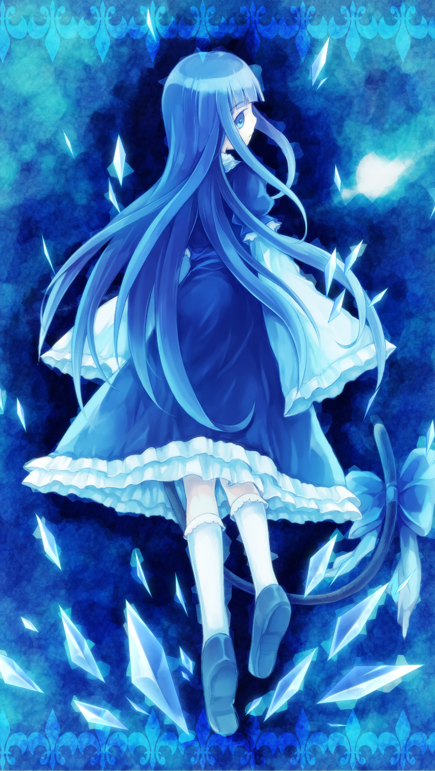 blue_hair, bow, cat_tail, dress, frederica_bernkastel, highres, kakera, kazi