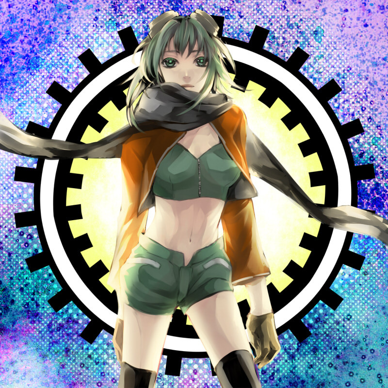 goggles, goggles_on_head, green_eyes, green_hair, gumi, lav, looking_at_viewer, midriff