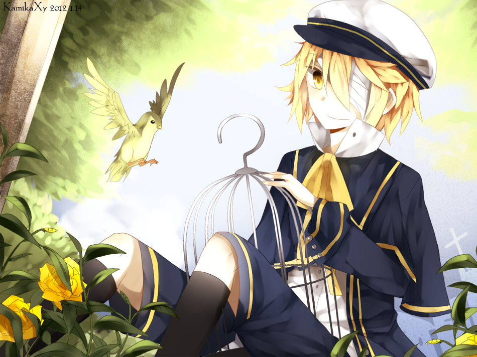 bandage, bandages, bird, blonde_hair, blue_eyes, cage, eyepatch, hat