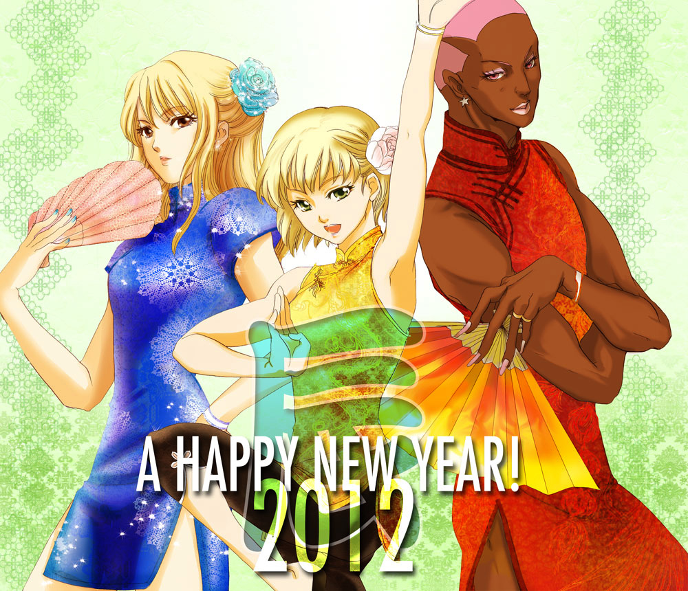 2012, 2girls, blonde_hair, blue_rose, brown_eyes, china_dress, chinese_clothes, collyre