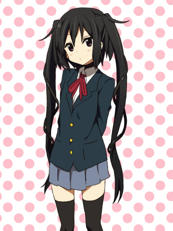 amano_(els573), arms_behind_back, black_hair, blazer, brown_eyes, cosplay, k-on!, long_hair, messy_hair, nakano_azusa, nakano_azusa_(cosplay), note-chan, original, polka_dot, polka_dot_background, school_uniform, skirt, solo, thigh-highs, thighhighs, turtleneck, twintails, very_long_hair, zettai_ryouiki