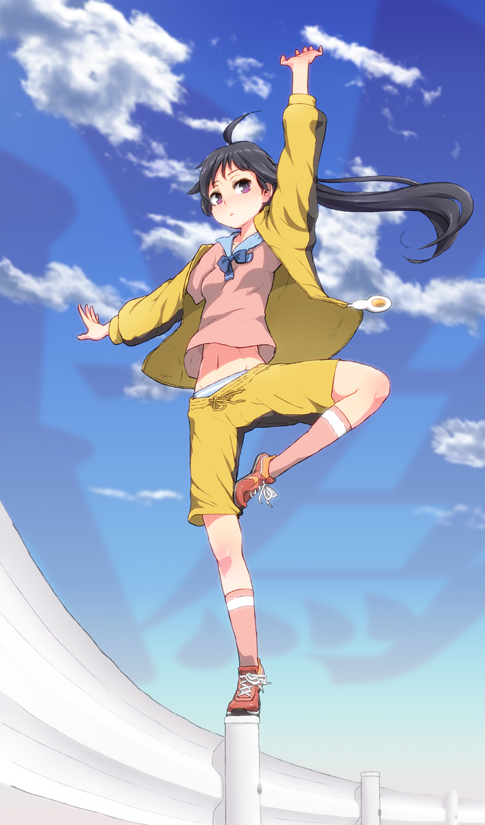 ahoge, araragi_karen, asymmetrical_hair, bakemonogatari, balancing, black_hair, cloud, guard_rail