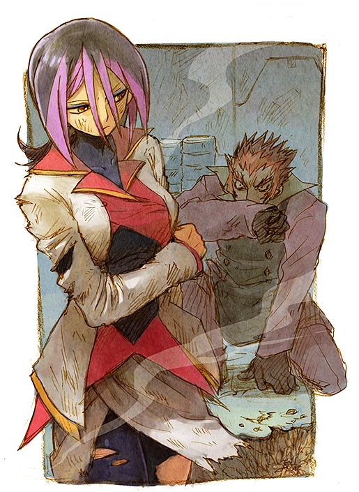droite_(yugioh_zexal), droite_(yuu-gi-ou_zexal), gauche_(yugioh_zexal), gauche_(yuu-gi-ou_zexal), gloves, multicolored_hair, pantyhose, purple_hair