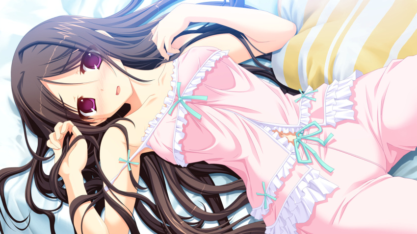 :o, ama_ane, bed_sheet, blush, brown_hair, kikurage, kikurage_(plastic_people), long_hair