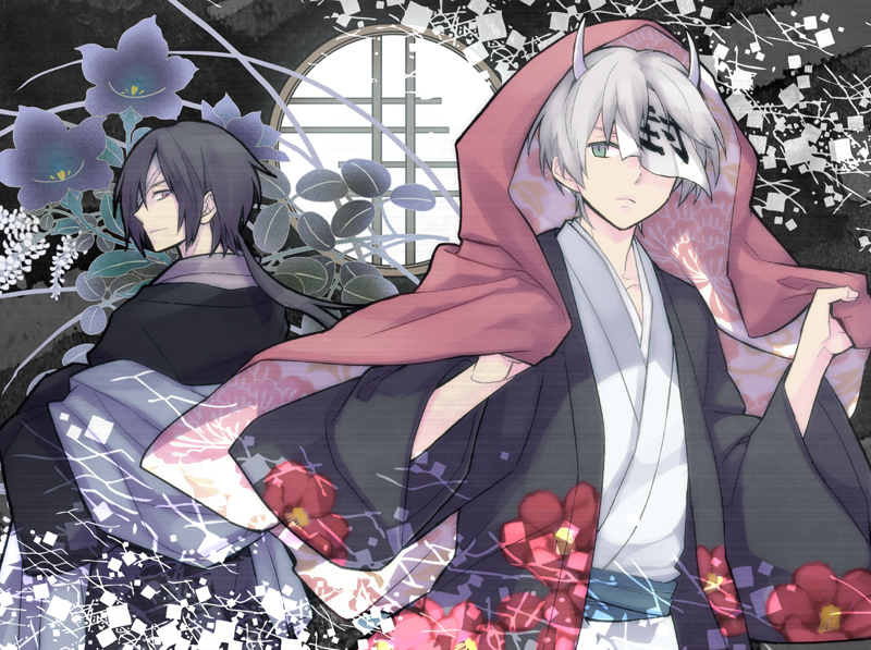 ayao77, bellflower, black_hair, camellia_(flower), eyepatch, flower, green_eyes, horn, japanese_clothes, male, matoba_seiji, multiple_boys, natsume_takashi, natsume_yuujinchou, purple_eyes, round_window, violet_eyes, white_hair, window