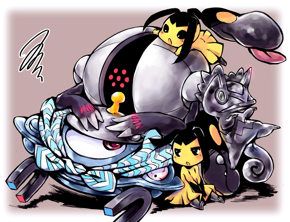 alternate_color, bad_id, black_eyes, creature, eye_contact, kecleon, looking_at_another, lying