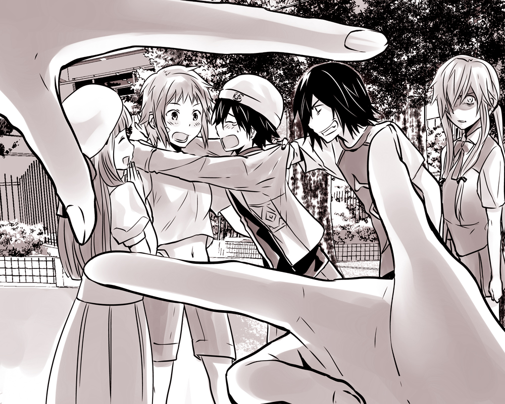 3girls, 3u, akise_aru, amano_yukiteru, blush, closed_eyes, eyes_closed, finger_frame