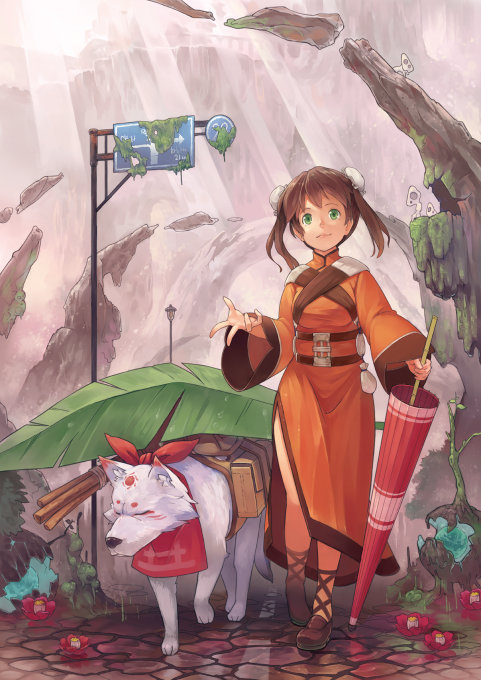 bag, brown_dress, brown_hair, bun_cover, camellia_(flower), chinese_clothes, closed_umbrella, double_bun, dress, fantasy, flower, green_eyes, highres, kanini, leaf, light_rays, moss, oriental_umbrella, original, q_(pixiv), road_sign, side_slit, sign, solo, suitcase, sunbeam, sunlight, twintails, umbrella, walking