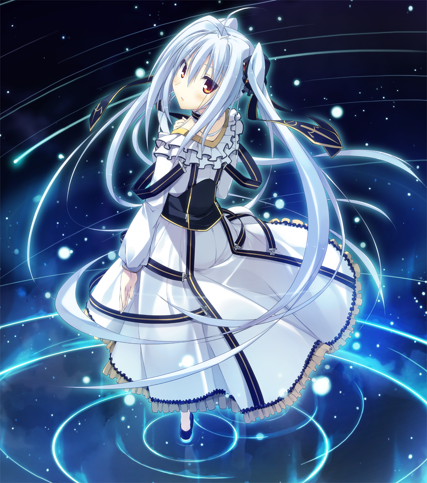 ahoge, choker, corset, dress, frilled_skirt, hair_ornament, hand_on_own_chest, light_particles, long_hair, long_sleeves, looking_at_viewer, nanakase_kotoko, nekonade_distortion, open_mouth, ripples, shoes, solo, standing, t-ray, turning, twintails, water, white_hair, yellow_eyes